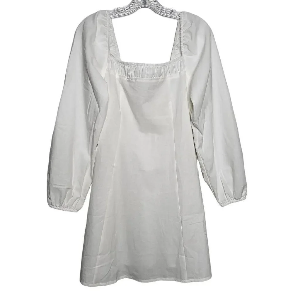 NEW Free People Square Neck Balloon Sleeves Cotton/Linen White Mini Dress Sz S